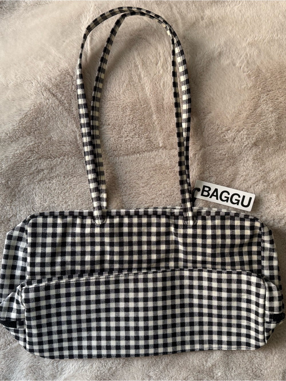 NWT BAGGU Medium Nylon Bowler Bag Black and White Gingham - Picture 2 of 11